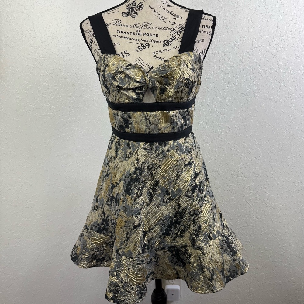 Prose & Poetry anthropologie ruffle flare Elegant Black and Gold Women's Dress
